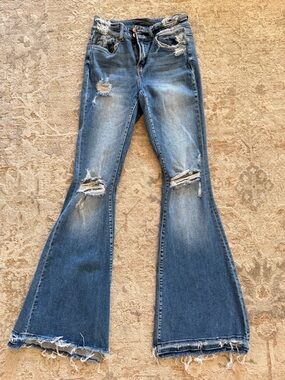 Flying Monkey Blue Distressed Flare Jeans